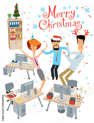 Merry Christmas. The party at the office is in full swing. Cheerful colleagues are dancing. Vector full color graphics with cute characters