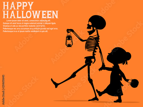 A skeleton is walking with a little girl.