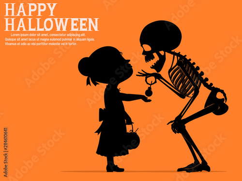 A skeleton is giving a little girl some candy.