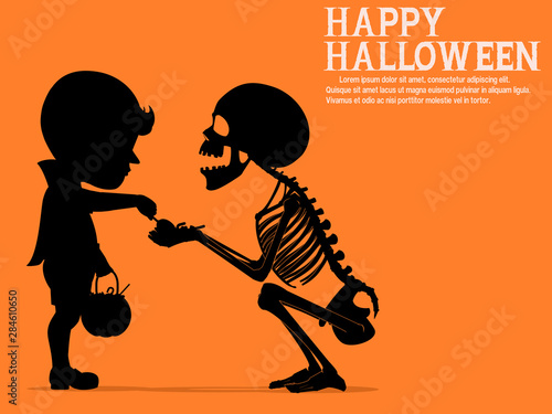A skeleton is giving a little boy some candy.