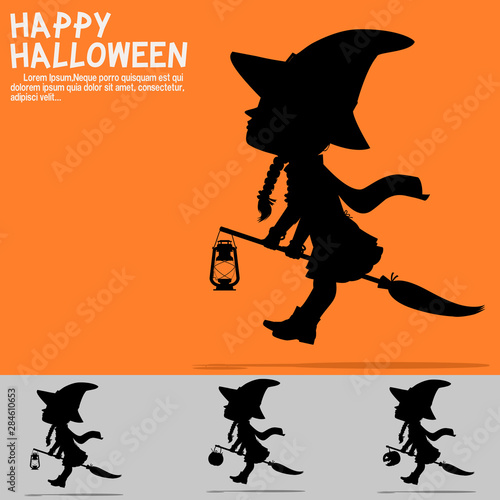 Set of silhouette girl with Halloween costume on transparent background.
