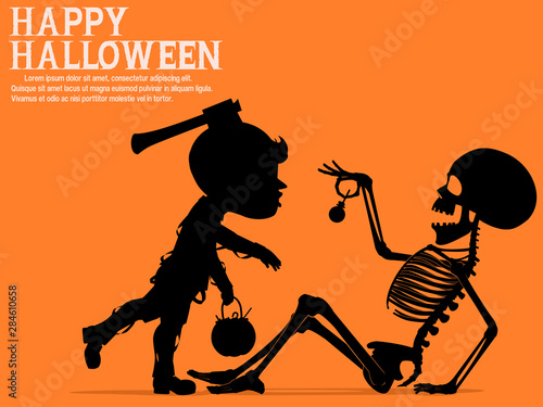 A little zombie boy is scaring the skeleton for some candy.