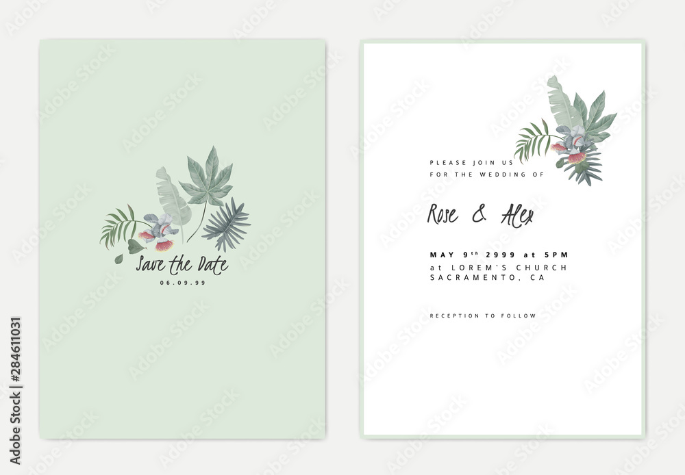 Minimalist botanical wedding invitation card template design, Eucalyptus rhodantha flowers and various leaves on light green