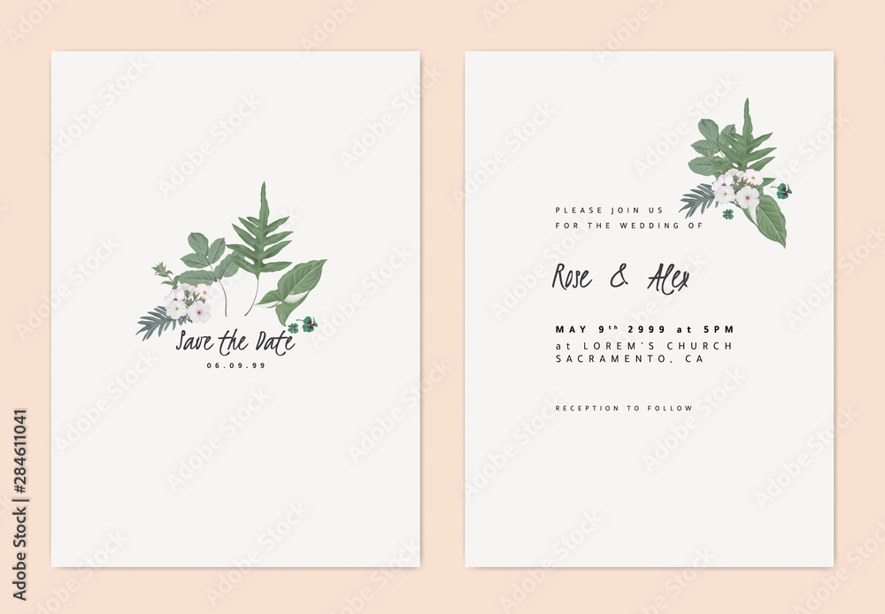 Minimalist botanical wedding invitation card template design, Woolly rock jasmine flowers and various leaves on light grey