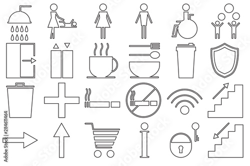 General icons for public place. Vector black line icon isolated on the white background. Service signs icon set.