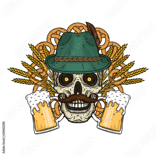 Illustration for oktoberfest. Skull in Tyrolean hat, with ears of wheat and glass of beer.