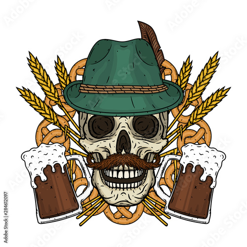 Illustration for oktoberfest. Skull in Tyrolean hat, with ears of wheat and glass of beer.