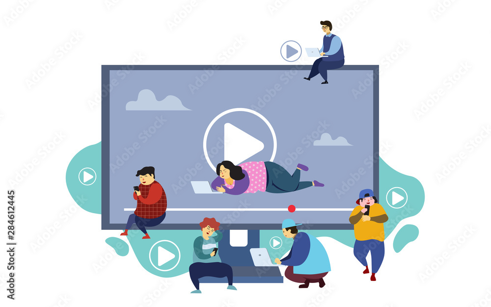 People watching online video. Digital internet television, web videos player or social media live stream vector concept illustration. Online video stream, play and watching movie.