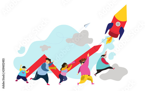 Vector illustration a group of people characters are thinking over an idea. prepare a business project start up. rise of the career to success, flat color icons, business analysis.