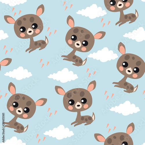 Seamless pattern with cute fawns and clouds on blue background.