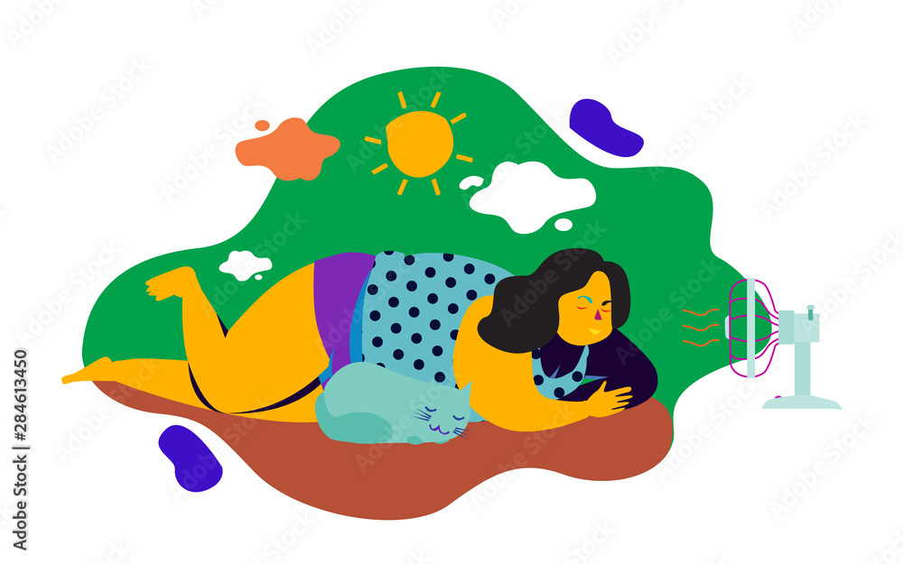 Isolated sweating fat girl and her cat cooling herself with fan vector illustration and decorative element for summer and hot weather. Flat style vector design illustrations.