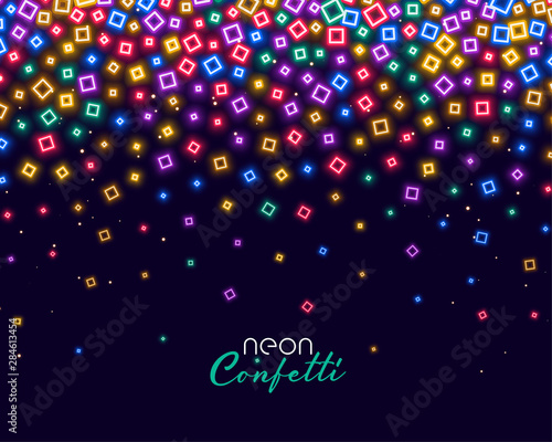 colorful confetti in neon shiny lights background