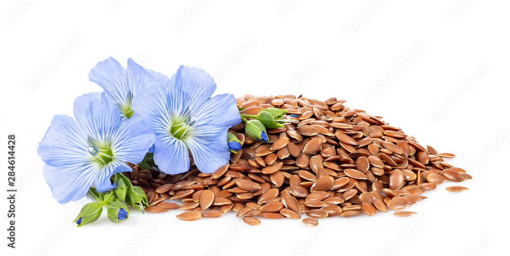 heap of flax seeds and flowers - obrazy, fototapety, plakaty 