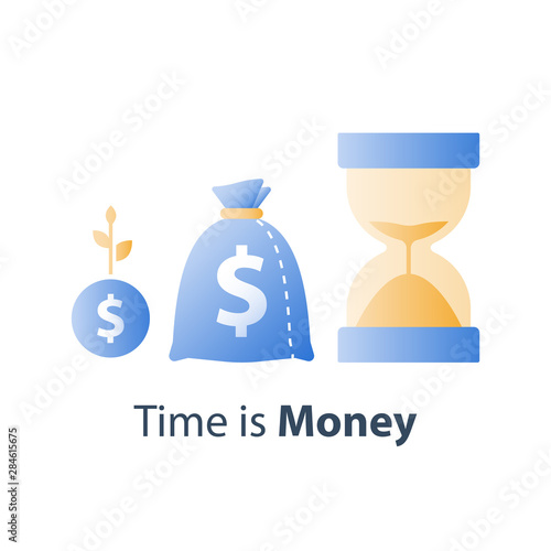 Long term investment strategy, pension savings fund, hourglass and bag, time is money concept, capital growth, asset allocation
