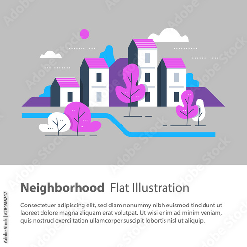 River side settlement, cozy town, row of houses by the river with trees, residential building, green neighborhood
