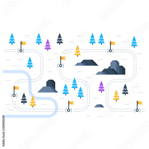 Trail map with flags, outdoor sport activity, countryside landscape, hiking itinerary