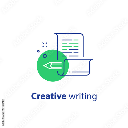 Storytelling concept, creative writing, pencil and paper, copywriting, linear icon