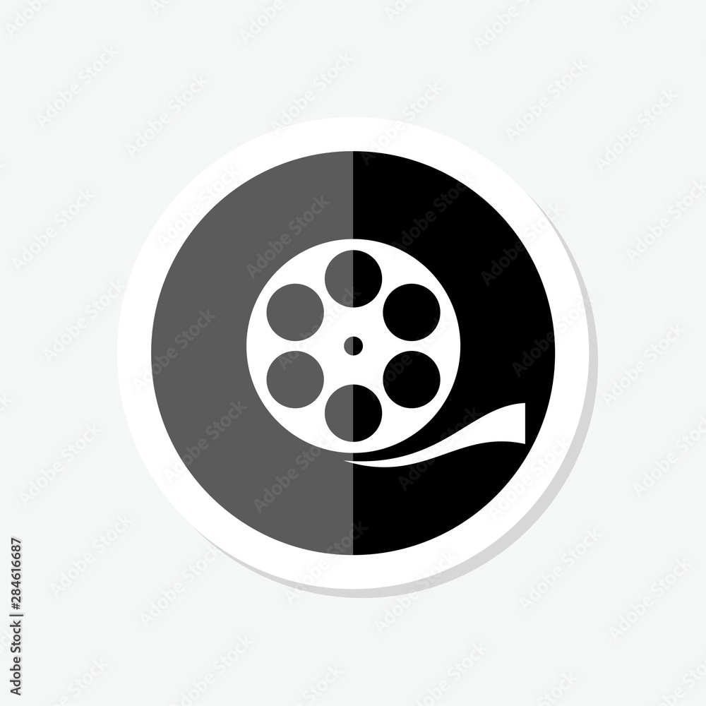 Black Film reel sticker icon isolated on black background.