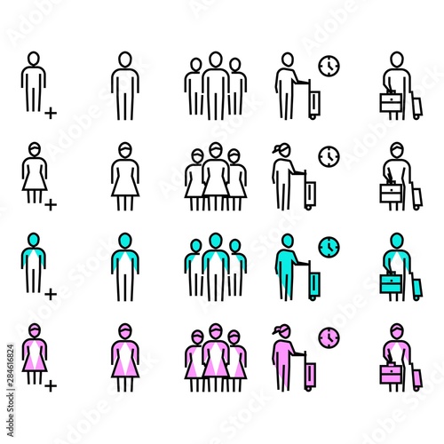 People and population icons set, travel symbol,female and male color outline vector illustration