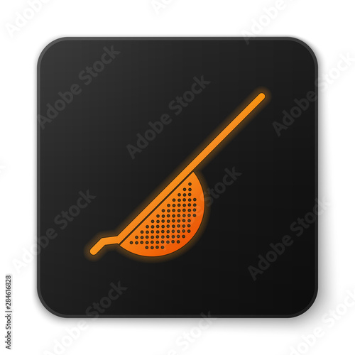 Orange glowing Kitchen colander icon isolated on white background. Cooking utensil. Cutlery sign. Black square button. Vector Illustration