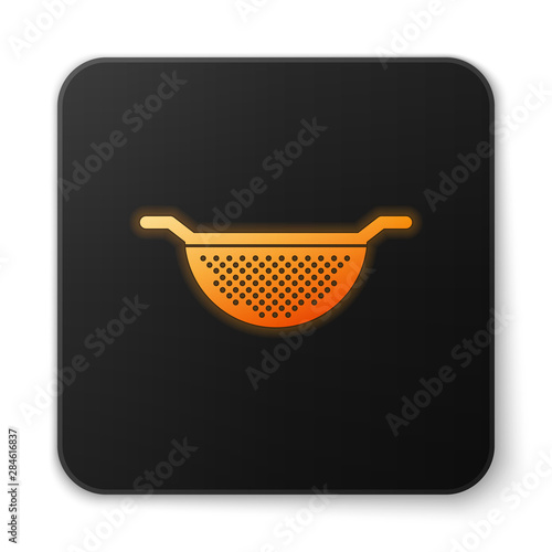 Orange glowing Kitchen colander icon isolated on white background. Cooking utensil. Cutlery sign. Black square button. Vector Illustration