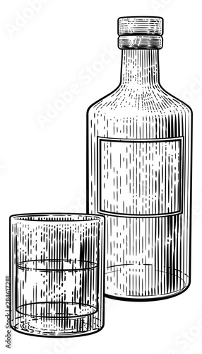 A drink in a glass with a bottle in a vintage woodcut engraved or etched style