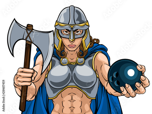 A female Viking, Trojan Spartan or Celtic warrior woman gladiator knight bowling sports mascot