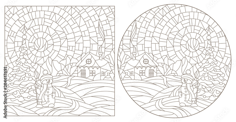 A set of contour illustrations of stained glass Windows with winter landscapes, dark contours on a white background