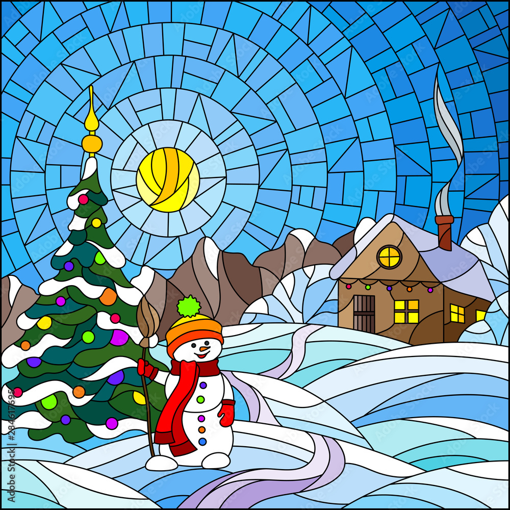 Illustration in stained glass style with Christmas landscape, rustic house, Christmas tree and snowman on snow background and  sky with sun