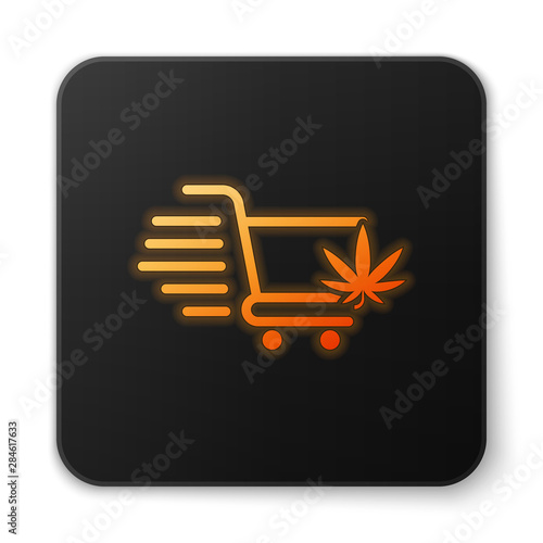 Orange glowing neon Shopping cart with marijuana or cannabis leaf icon isolated on white background. Online buying. Delivery service. Supermarket basket. Black square button. Vector Illustration
