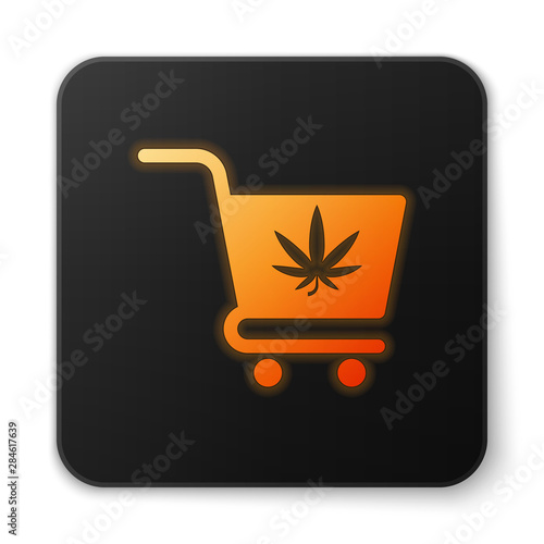 Orange glowing neon Shopping cart with marijuana or cannabis leaf icon isolated on white background. Online buying. Delivery service. Supermarket basket. Black square button. Vector Illustration