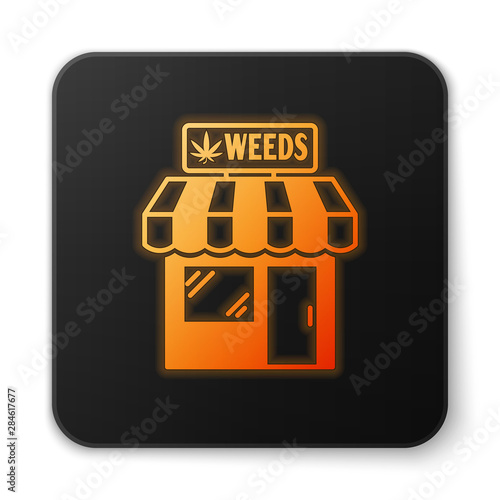 Orange glowing neon Marijuana and cannabis store icon isolated on white background. Equipment and accessories for smoking, storing medical cannabis. Black square button. Vector Illustration