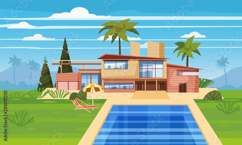 Modern villa on residence in exotic country, expensive mansion in lahdscape tropics