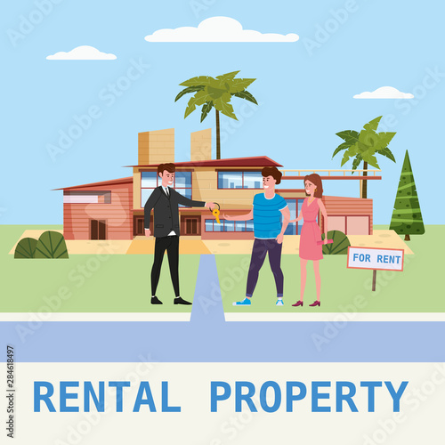 Real estate concept. House rent service. Modern family characters rent new luxury villa or big appartment