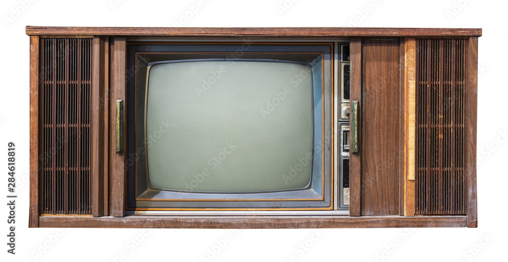 Vintage tv - antique wooden box television isolated on white with clipping  path for object. retro technology Stock Photo