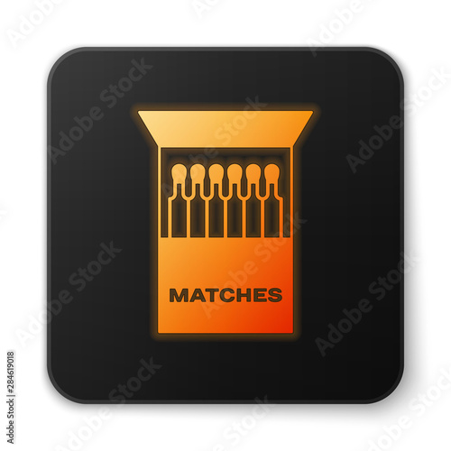 Orange glowing neon Open matchbox and matches icon isolated on white background. Black square button. Vector Illustration