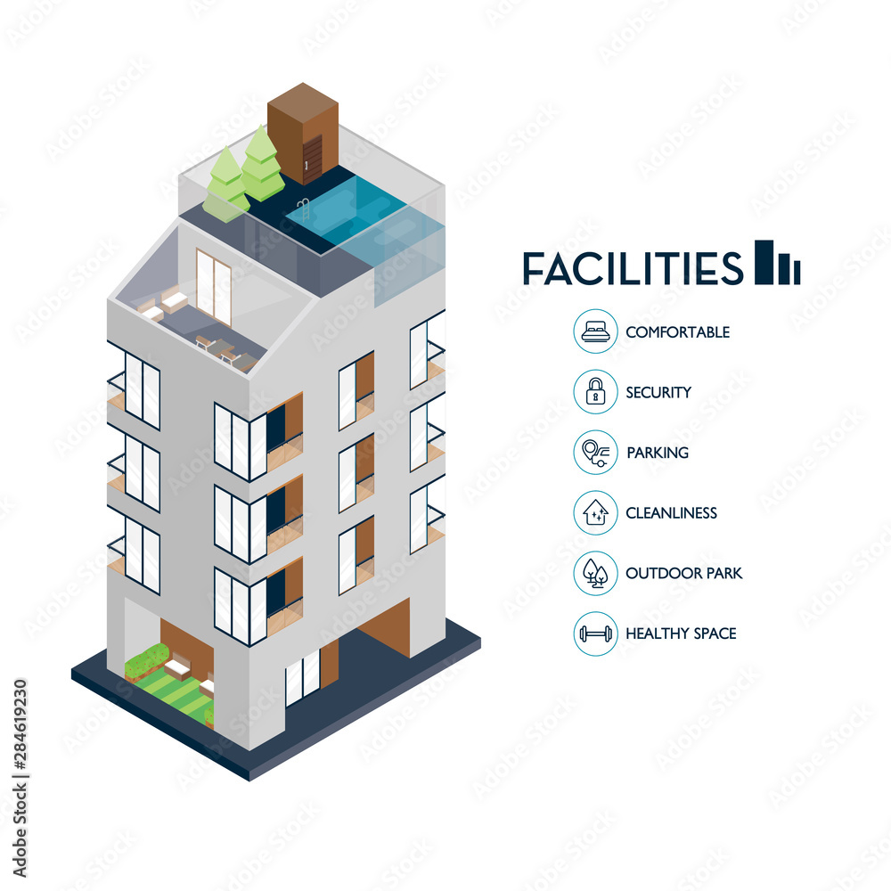 Fototapeta premium Isometric urban building. Icon facilities for condominium.