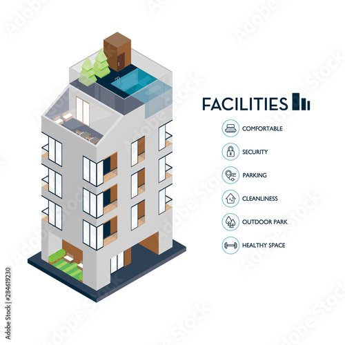 Isometric urban building. Icon facilities for condominium.