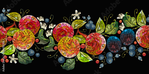 Embroidery apples and plums, berries, cowberry horizontal seamless pattern. Super fruits art. Fashion gardens template for clothes, textiles, t-shirt design