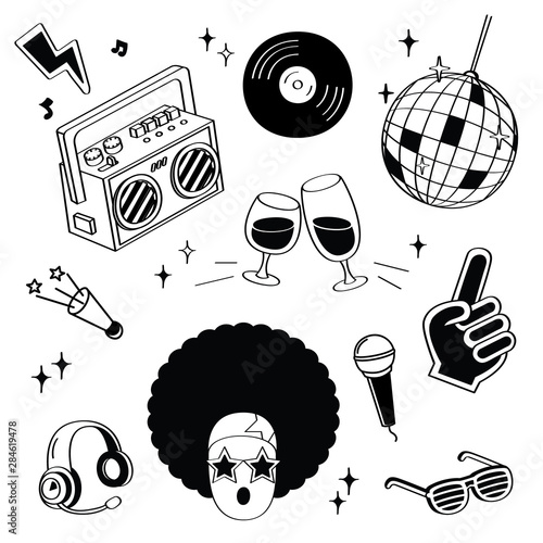 Hand drawing styles disco items. Disco doodle