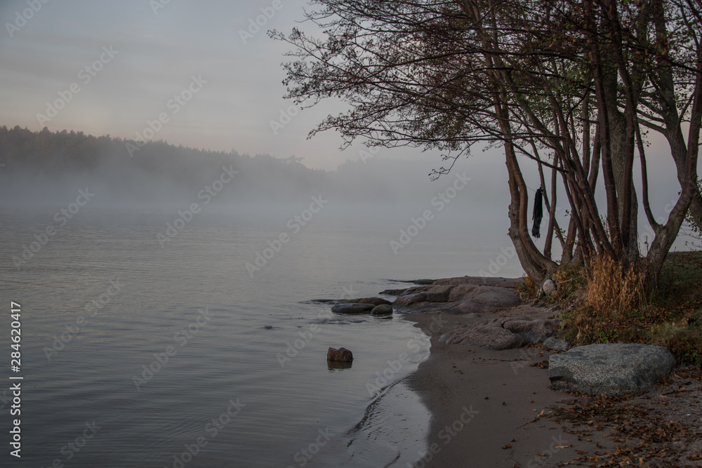 Obraz premium Lake Malaren in stockholm an early cold and foggy autumn day, shilouettes and reflextion in the calm water