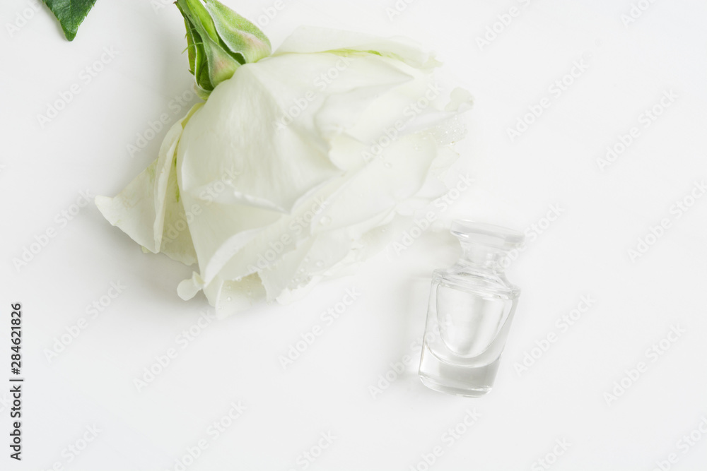 Aromatherapy with rose perfume with one white rose over white textured background with copy space. Mockup Aromatherapy with rose perfume with one white rose over white textured background with copy space. Mockup