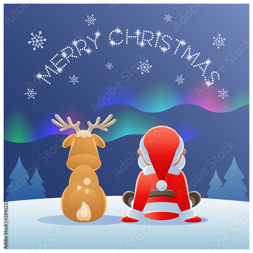 Merry Christmas. Cute Santa Claus and Reindeer watching the Northern Lights. Vector illustration.