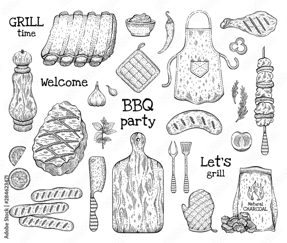 Barbecue sketch set. BBQ graphic line elements. Grilled food beef meat