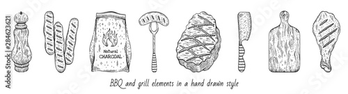 Grill BBQ set. Steak, sausage, pepper, coal bag, meat knife, cut wood board, roasted chicken leg. Product icon sketch vintage style. Black ink line vector illustration isolated on white background