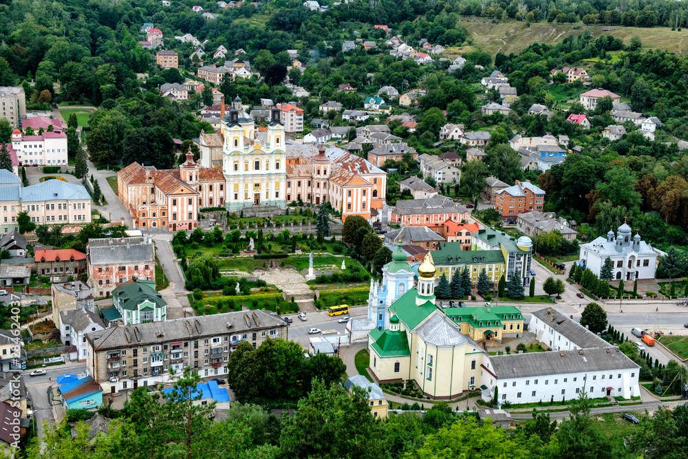 Aerial view to historical center of town Kremenets, Ternopil region, Ukraine. August 2019  Jesuit Collegium in center.