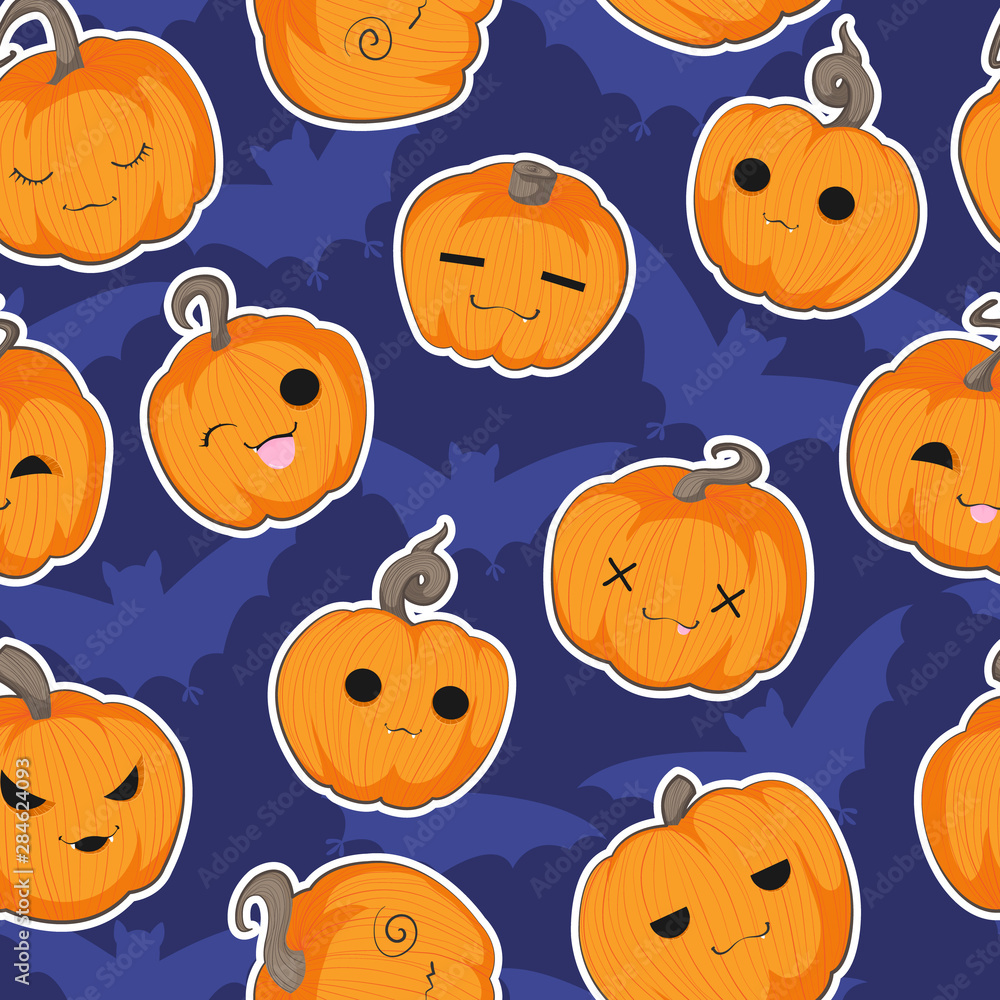 Vector seamless pattern with Halloween cute hand draw pumpkin in cartoons style with white outline and different emotion on dark blue background with silhouette of bats Vector seamless pattern with Halloween cute hand draw pumpkin in cartoons style with white outline and different emotion on dark blue background with silhouette of bats