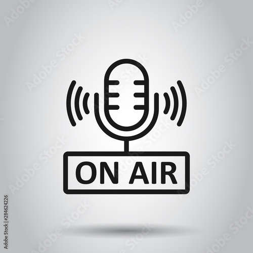 Microphone icon in flat style. Live broadcast vector illustration on isolated background. On air business concept.