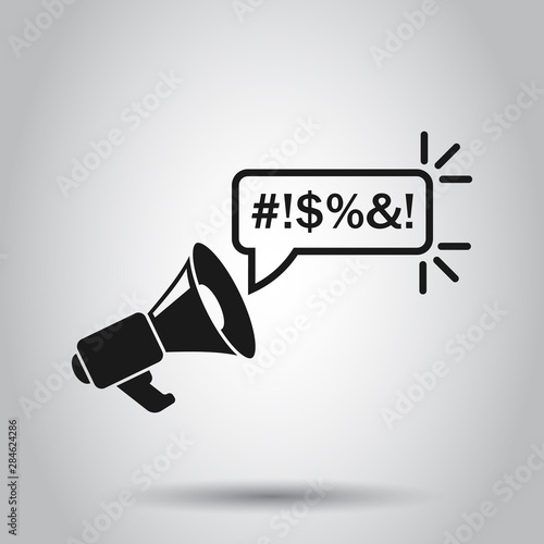 Shout speech bubble with megaphone icon in flat style. Complain vector illustration on isolated background. Angry emotion business concept.