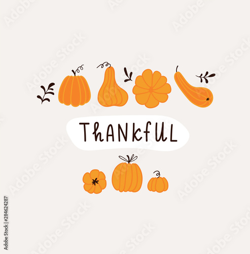 Hand drawn pumpkins and leaves. Cute card design for Halloween or Thankful day. Vector thanksgiving illustration.